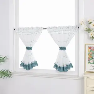 Шторы для кухни Cafe Curtains, синие клетчатые, с карманами на штанге, льняные, с белым кружевом и ремешками, 1 шт., ШxВ 140x160 см Joyswahl