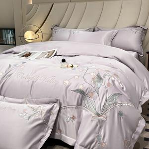 LUOLAI HOME Комплект постельного белья, 180 см, 4 предмета, простыня, пододеяльник, 2 наволочки, лилия долины, фиолетовый