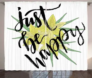 Штора Be Happy Rustic от ABAKUHAUS, узор Желтые цветы и листья, универсальная ленточная штора для гостиной с петлями и крючками, 280 x 245 см, светло-зеленый, черный, желтый Abakuhaus