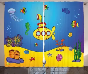 Штора ABAKUHAUS Желтая подводная лодка в деревенском стиле для детской комнаты, универсальная ленточная штора с петлями и крючками, 280 x 175 см, сине-желтый Abakuhaus