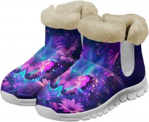 Женские теплые зимние ботильоны с плюшевой фланелевой подкладкой, стелькой из памяти формы и противоскользящей подошвой Glomenade, Blue Gradient Butterfly Flower