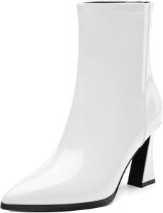 Женские ботинки с острым носком на высоком каблуке, укороченные ботильоны с боковой молнией, модные короткие ботинки из искусственной лакированной кожи для женщин RLYGHWAO, White Patent