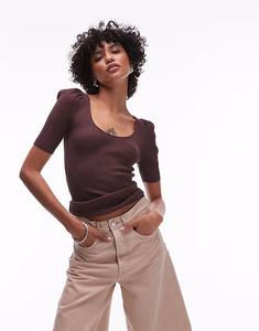 & Other Stories трикотажный топ смешанной вязки с круглым вырезом и рукавами-фонариками коричневого цвета