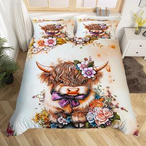 Erosebridal Комплект постельного белья Highland Cow с принтом коровы в западном стиле, деревенский дизайн с цветами и животными фермы, Brown Purple
