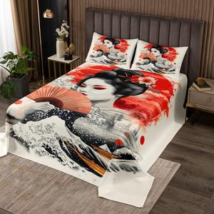 Erosebridal Комплект постельного белья Geisha Female Coverlet Set с традиционным японским дизайном морских волн, Beige Red Black