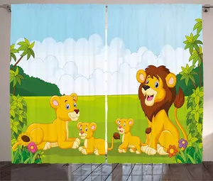 Штора для детского сада ABAKUHAUS в деревенском стиле, Семья львов в лесу, для спальни, с присборенной лентой, петлями и крючками, 280 x 245 см, зеленый, светло-голубой, желтый Abakuhaus