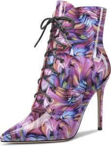 Женские ботильоны Aachcol с коротким голенищем, заостренным носком, стойкой на шпильке средней высоты, лакированные, с молнией и шнуровкой, сексуальные, каблук 4 дюйма, Multicolor H