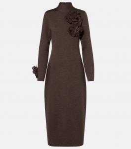 Платье миди из смесовой шерсти с цветочной аппликацией Oscar de la Renta, темно-коричневый