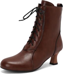 Женские викторианские ботильоны на шнуровке, низкий каблук, винтажные, с круглым носком, массивный каблук, готические ботинки ведьмы, боковая молния Generic, Brown