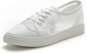 Женские туфли на шнуровке из денима и сетки, повседневные плоские тканевые туфли с круглым носком, дышащие для ходьбы Generic, D04-White