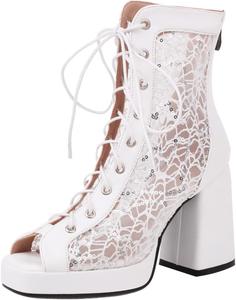 Женская мода: ботильоны с открытым носком на массивном каблуке 9,5 см, короткие многокрасочные с кружевами и платформой, офисный стиль LYYSKY, White(5732)