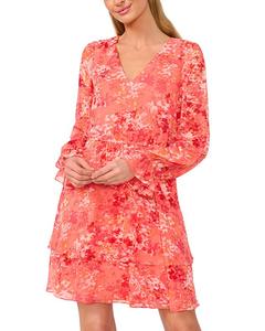 Короткое многоярусное платье с длинными рукавами CeCe, оранжевый