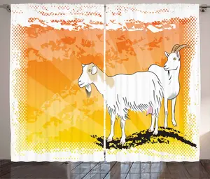 Штора ABAKUHAUS "Коза в деревенском стиле", "Ранчо с рогатым зверем", присборенная штора из тесьмы для спальни с петлями и крючками, 280 x 225 см, цвет: оранжевый, желтый, белый Abakuhaus