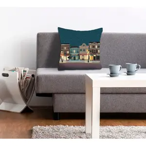 Декоративная подушка queence Снежный рай, наволочка, город в снегу, зима, мультяшный стиль, праздничная, снег, городской Queence, Gelb/braun/blau + bedruckt