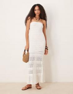 Платье миди без бретелек из кружева Abercrombie & Fitch кремового цвета