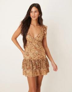 Коричневое мини-платье Motel Lotri с кружевом, запахом и оборками