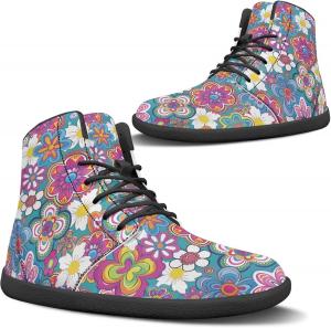 Женские зимние походные ботинки с широким носком, теплые снежные ботинки, минималистичные босоногие ботинки, противоскользящие ботильоны Pugasmiru, Groovy Boho Flowers Print