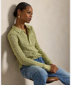 Хлопковая рубашка-поло с длинными рукавами и косами Polo Ralph Lauren, цвет 300 Green