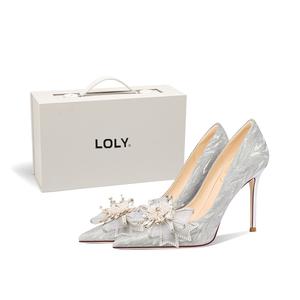 Туфли французские свадебные Crystal Shoes летние на тонком каблуке повседневные модные универсальные женские белые LOLY с синим пером Starlight 6 см
