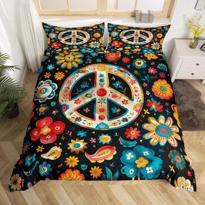 Erosebridal Богемный комплект постельного белья Boho Flower с экзотическим символом мира, гиппи-стиль, акварельный принт для мальчиков, девочек и женщин, Black Blue