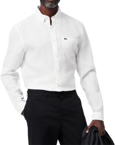 Lacoste мужская длинная рубашка с длинным рукавом, обычный крой, льняная, на пуговицах, белая