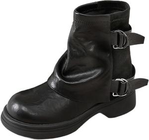 Женские кожаные ботильоны на низком массивном каблуке с двумя пряжками, модные и удобные, с круглым носком, на платформе, с массивным каблуком, короткие ботинки для работы, свиданий и повседневной носки NSNEOND, Black