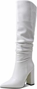 Женские сапоги CYNLLIO до колена с массивным высоким каблуком и заостренным носком, модные сапоги с широкой голенью, средней длины, для вечеринок, платья и езды, 1White