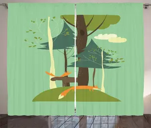 Штора в деревенском стиле ABAKUHAUS для детского сада, Лось и лиса в лесу, для спальни, присборенная тесьма с петлями и крючками, 280 x 175 см, зелено-коричневый и оранжевый Abakuhaus