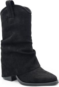 Женские западные ботильоны, ткань кристальный бархат, стиль боевой обуви с массивным каблуком, эластичные боковые панели, круглый носок, каблук 8,5 см, повседневная носка Generic, Black