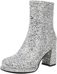 Женские модные ботильоны LYYSKY с высоким каблуком 8 см, платформой, боковой молнией, пайетками и короткой голенью, Silver