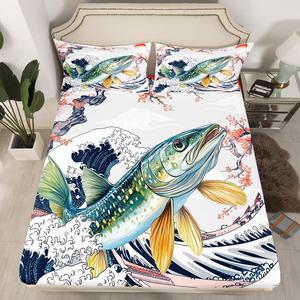 Erosebridal Комплект постельного белья Big Pike Fish в японском стиле с винтажным принтом укиёэ и океанскими волнами, Grey Navy Pink Turqoise