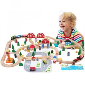 Деревянный игрушечный поезд с вагончиками, большой набор, полный город, 120 предметов. MINEXO