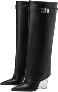 Frankie Hsu Фрэнки Хсу Дизайнер моды Современные сексуальные женские и мужские ботинки «Акула» Большой размер Зеленая синтетическая кожа Босоножки на танкетке Сапоги до колена Каблук Длинные сапоги US4-14