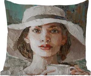 Подушка для улицы - Картина - Масляная краска - Женщина - Кофе - Шляпа - 60x60 см - Устойчива к погодным условиям - Подушка для отдыха - Декор - Подушка для сна MuchoWow