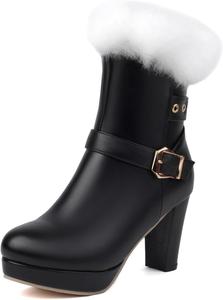 Женские зимние меховые ботильоны на массивном высоком каблуке с круглым носком, пряжкой, боковой молнией, теплые элегантные короткие ботинки JOEUSTY, Black-Velvet Lined