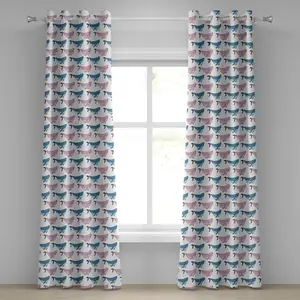 Штора на люверсах ABAKUHAUS с рисунком морских животных и улыбающимися рыбками, плавающими в стиле дудл, декоративная, двухпанельная, 280 см x 260 см, сине-сиреневый и белый Abakuhaus