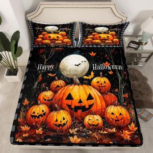 Erosebridal Комплект постельного белья Happy Halloween с принтом тыкв и летучих мышей в серой клетке, Orange Black Grey