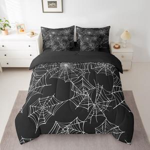 Erosebridal Комплект постельного белья Happy Halloween с паутиной и геометрическими полосами в готическом стиле черно-белого цвета, White