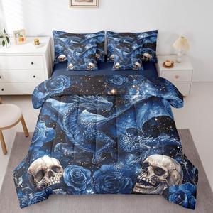 Erosebridal Комплект постельного белья Mysterious Dragon Full Size с принтом звездного неба и животных в готическом стиле, Black Blue