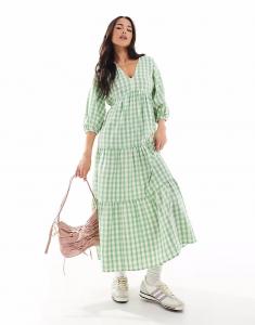 Платье-халат миди New Look с V-образным вырезом в зеленую клетку