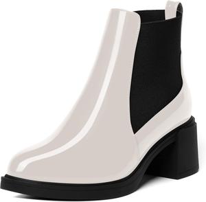 Женские офисные ботильоны AMBELIGHT Chelsea с эластичной посадкой, круглым носком, однотонные, массивный средний каблук 2,5 дюйма, White Black