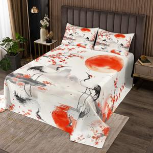 Erosebridal Комплект постельного белья в японском стиле с ориентальной живописью, краны и красное солнце на вишневом фоне, Red White Black