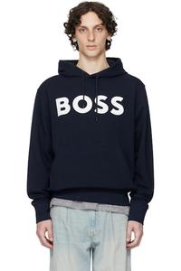 Толстовка свободного кроя с капюшоном темно-синего цвета с большим логотипом BOSS