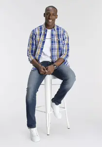 Рубашка в клетку DELMAO с тонкой вышивкой - НОВЫЙ БРЕНД!, цвет Blau-Gelb-Weiss Kariert