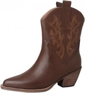 Женские ковбойские ботинки Niiyyjj в западном стиле с заостренным носком, толстым каблуком, короткие ботинки большого размера с вышивкой до щиколотки, Brown Fleece