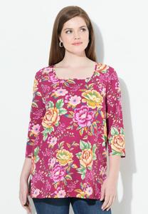 Топ Ulla Popken FLOWER PRINT SQUARE NECK, Oriental Pink/Pink