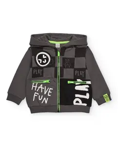 Серая детская толстовка с капюшоном с графическим принтом и зелеными карманами Tuc tuc