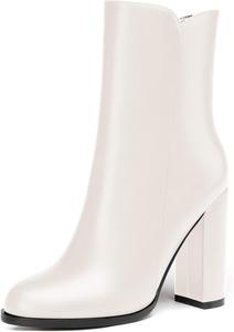 Женские короткие ботильоны WAYDERNS с матовой кожей, круглым носком, молнией, на высоком каблуке-блоке, 4 дюйма, White