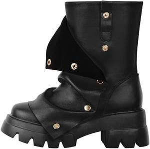Женские ботильоны Richealnana на платформе с широким каблуком, декорированные заклепками, с мягким верхом, тянущиеся до середины голени, с круглым носком и сборками в стиле Shark, Black