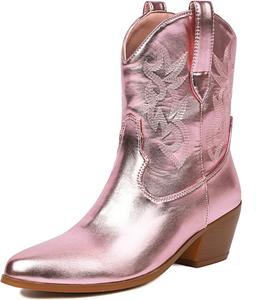 Женские металлические ковбойские ботинки Alsoloveu, западные ковбойские ботильоны с заостренным носком, короткие ботильоны на вытяжке, Rose Gold